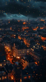 Ember-lit European cityscape under brooding storm clouds.