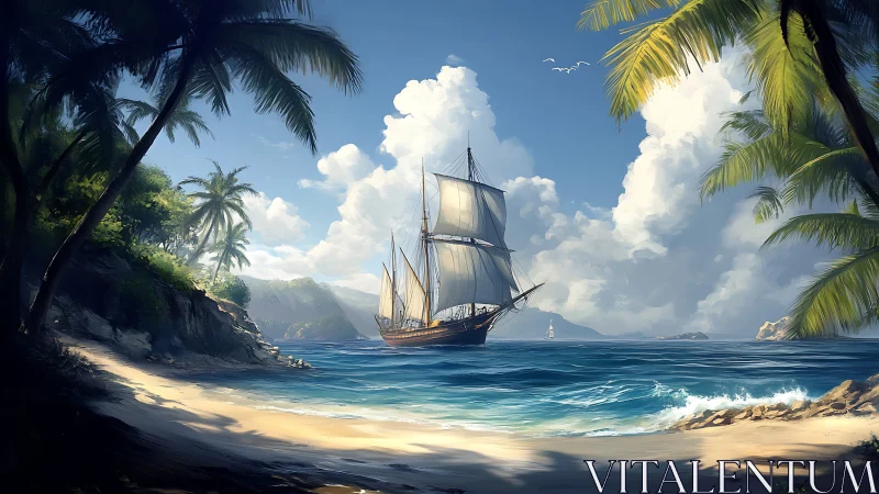 Digital seascape with tall ship framed by tropical cove lighting.