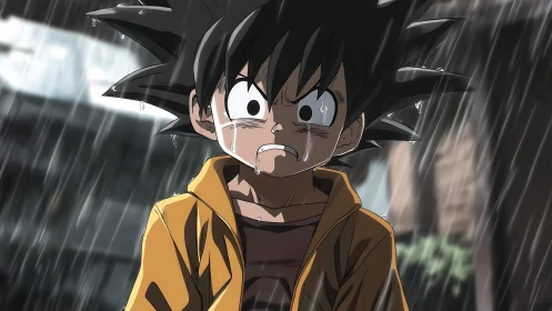 Defiant anime boy cries under relentless city rainfall.
