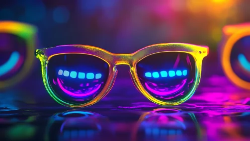 Neon sunglasses with glowing reflections on wet surface.