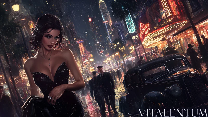 Noir-inspired woman on rainy city street at night.