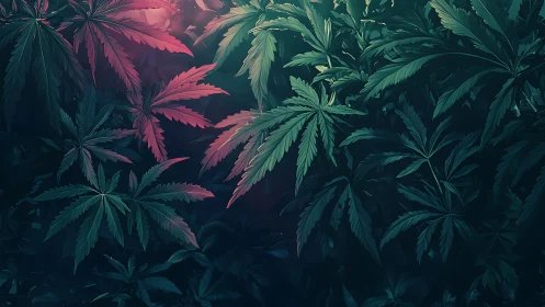 Cannabis leaves glow under moody teal and magenta lighting