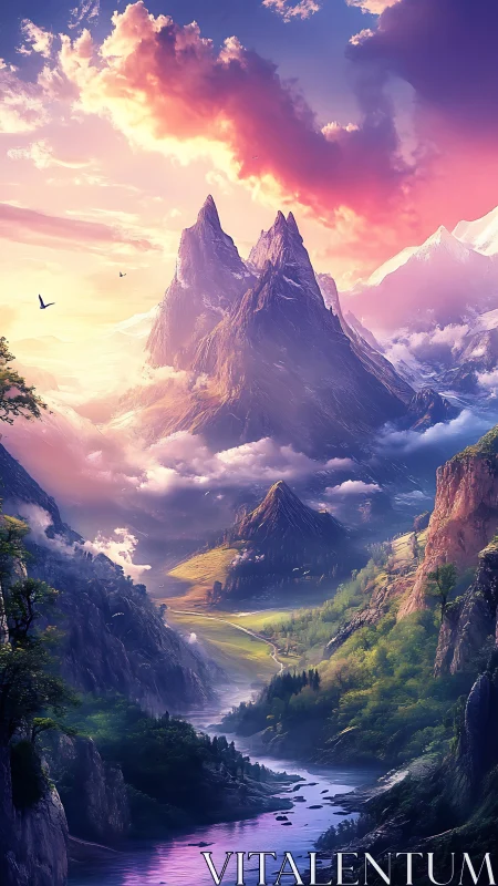 Sunlit fantasy peaks rise above a glowing river valley