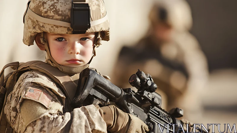 Tender young child in oversized military gear invites concern