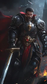 Armored warrior with sword in dark burning fortress scene.
