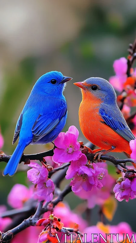 Vibrant passerine pair rendered in hyper-saturated realism