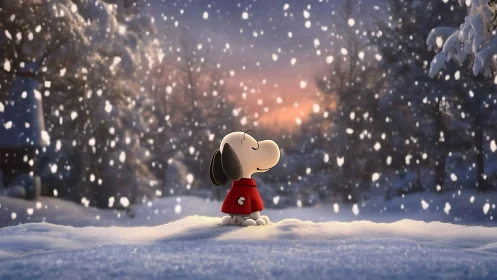 Cartoon dog in red coat gazes at tranquil winter snowfall.