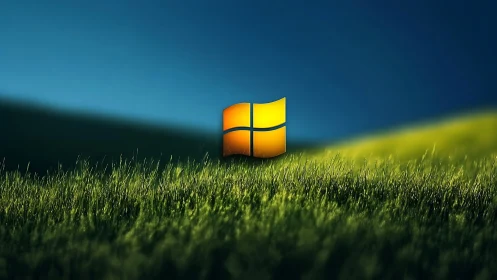 Golden window logo glows softly over a calm green field