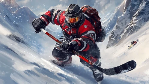 Extreme ice hockey descent through high alpine snowstorm.