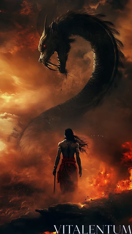 Warrior stands before coiled dragon in burning wasteland