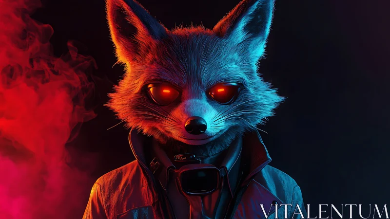 Cybernetic fox avatar glows with neon red and blue light.