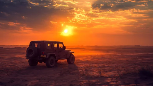 Off-road SUV cuts through blazing desert sunset haze.