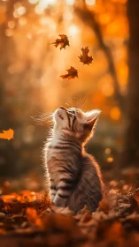 A Curious Kitten Catches Falling Autumn Leaves in Golden Light