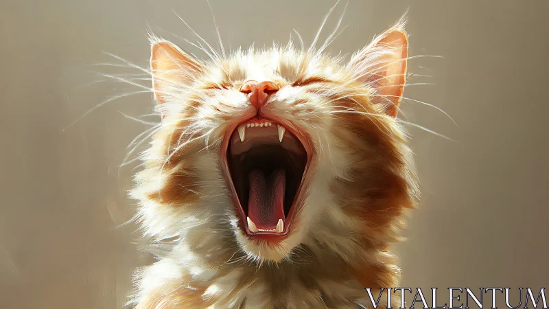 Orange and white cat yawning with mouth wide open and fangs visible