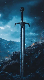 Legendary steel sword embedded in stormlit volcanic ridge.