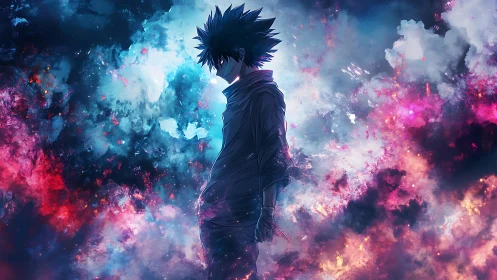 Solitary anime warrior amid neon cosmic storm clouds.