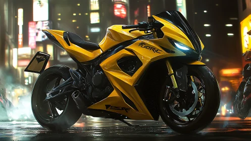 Yellow cyber-street superbike in neon city night scene.