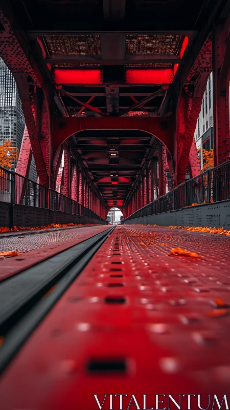 Low-perspective urban steel bridge with red structural lighting