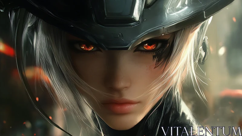 Cybernetic warrior gazes forward with burning amber eyes.