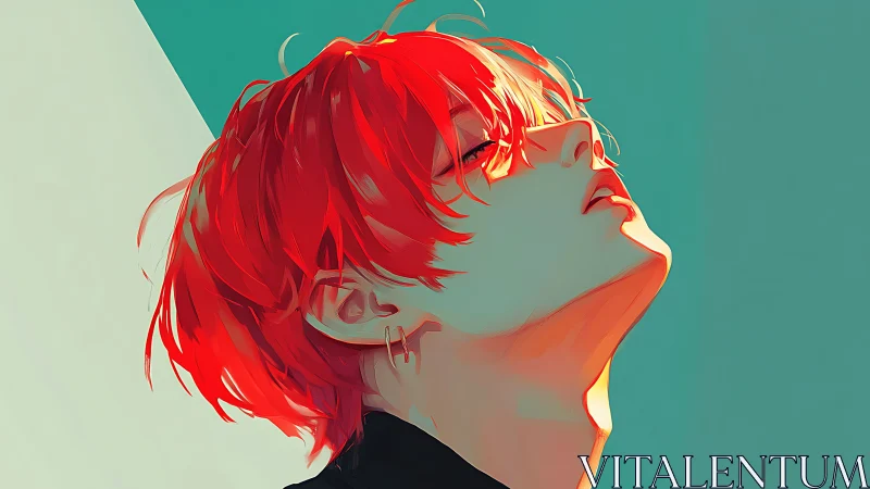 Red haired figure in profile against teal background.