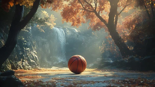 Basketball rests on wet forest clearing before distant waterfall