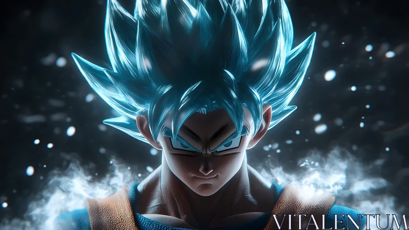 Blue‑haired energy warrior ignites in stormlit cosmic focus.