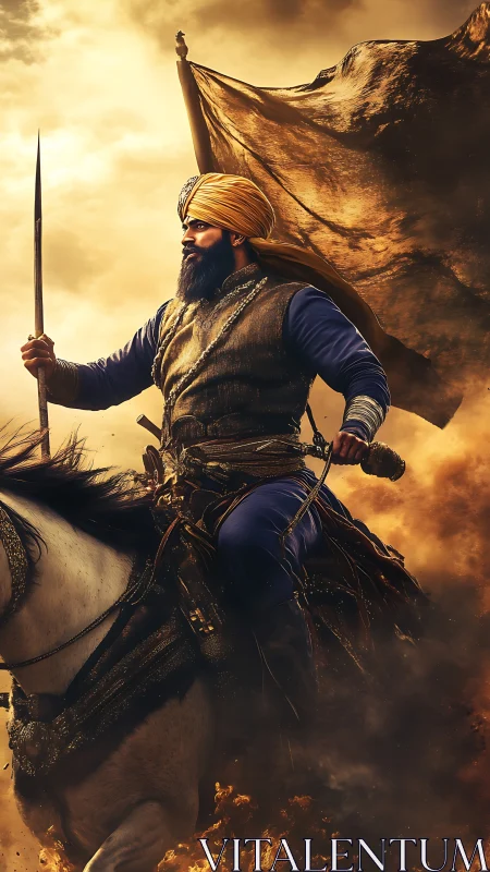 Gallant turbaned warrior rides forward through golden fire.