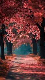 Sunlit cherry blossom lane inviting quiet evening walks.