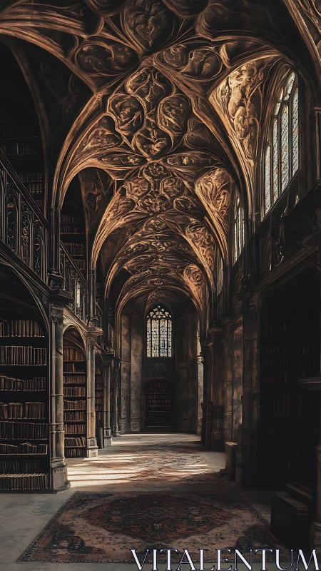 Whispering cathedral library beneath a sculpted twilight ceiling.