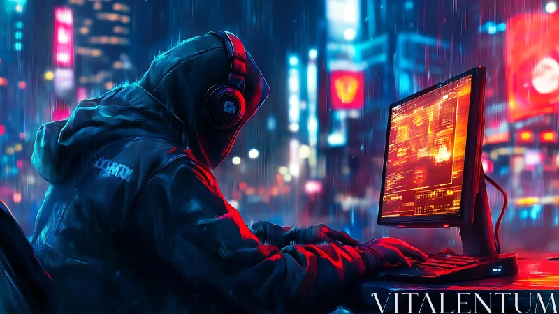 Hooded hacker codes under neon rain in futuristic city