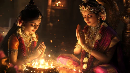 Two women in traditional attire performing fire ritual.