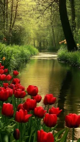 Scarlet tulip chorus along a sunlit woodland riverbank.