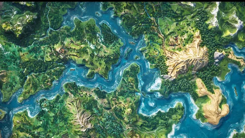 Isometric fantasy river archipelago with stylized terrain rendering