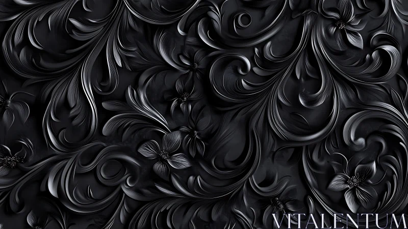 Monochrome embossed floral scrollwork in dark relief pattern.