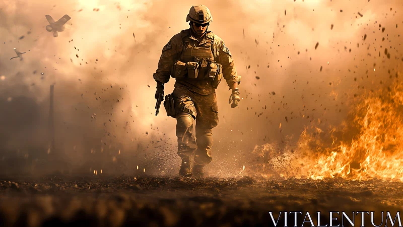 Soldier in tactical gear advancing through explosion field.