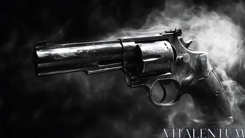 Smoking steel revolver in dramatic monochrome spotlight.