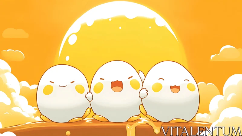 Kawaii egg trio on yolk bridge under stylized sunrise glow