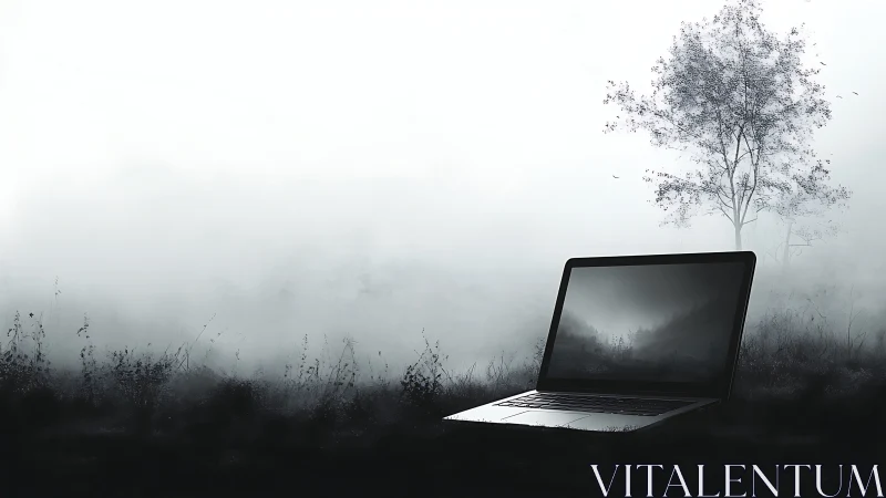 Laptop rests in foggy monochrome field with distant tree
