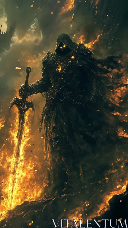 Hooded armored figure stands with flaming sword in inferno
