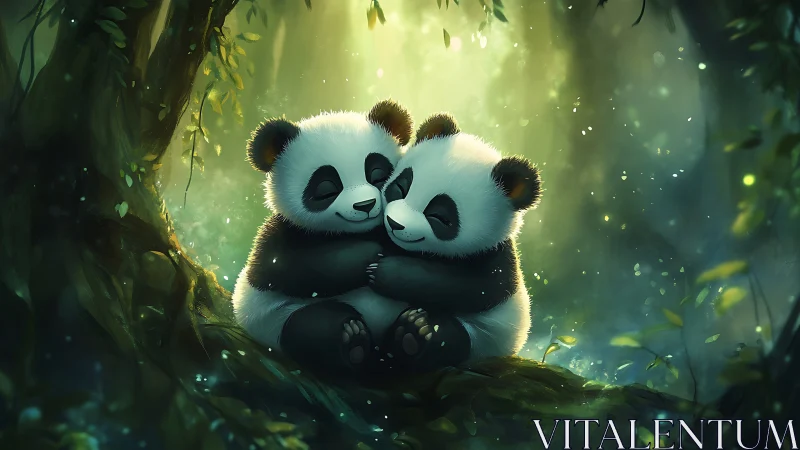 Forest cuddle dream with two glowing baby panda hearts.