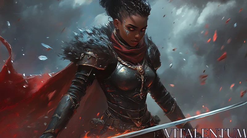 Armored warrior woman with sword in storm of embers.
