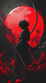 Lone warrior stands boldly under a blazing crimson moon