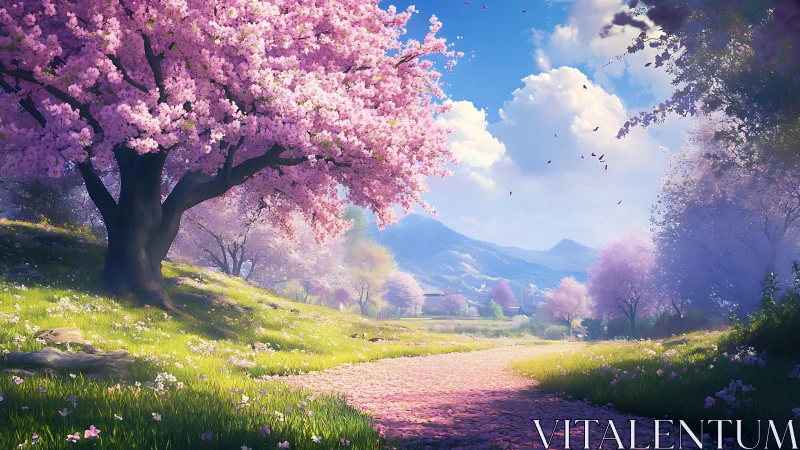 Spring valley path under blooming cherry trees at sunrise