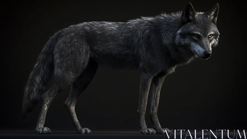 Black wolf render shows detailed fur under low key lighting