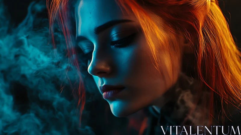 Moody side profile portrait in orange and cyan light.