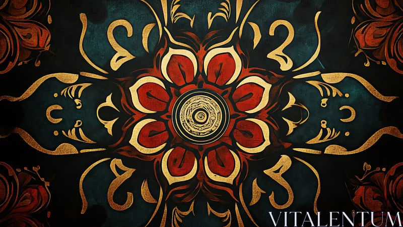 Radial mandala ornament uses gold filigree and textured petals