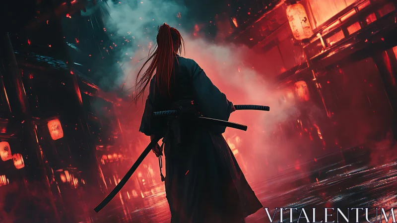 Crimson fog crowns a lone ronin in neon drenched alleyways