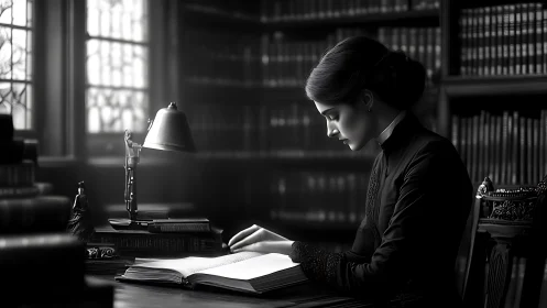 Victorian scholar studies illuminated book in shadowed library