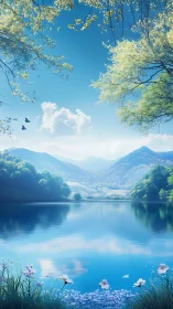 Mountain lake landscape with reflective water and foliage.