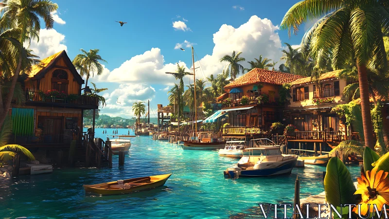 Tropical Coastal Harbor with Colonial Architecture and Moored Vessels.